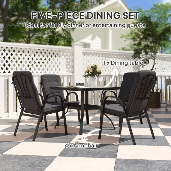 Buy Outsunny 5 Pieces Outdoor Square Garden Dining Set w/ Tempered Glass Dining Table 4 Cushioned Armchairs, Umbrella Hole, Black, 5 image