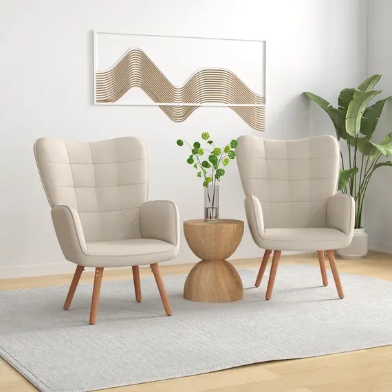 Buy HOMCOM Modern Accent Chair Set of 2 Velvet-Touch Tufted Wingback Armchair Upholstered Leisure Lounge Sofa Club Chair with Wood Legs, Cream White, 2 image