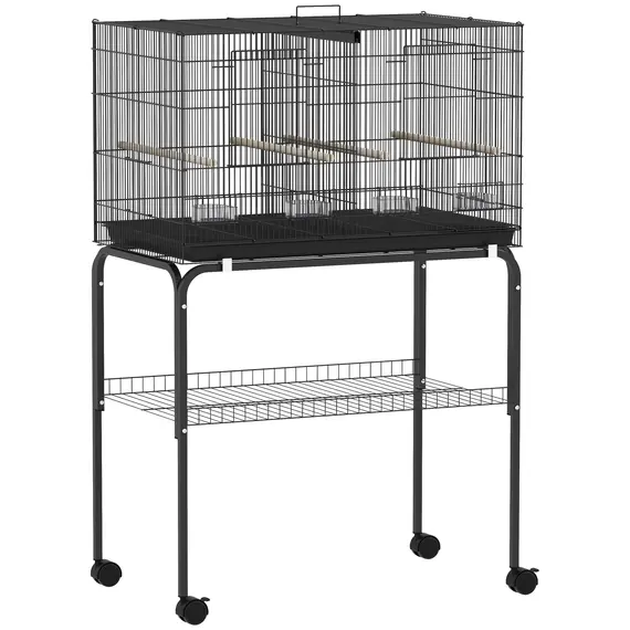 Buy Bird Cage with Divider, 4 Wooden Perches, Slide Out Tray, 4 Feeders, for Budgie, Lovebird, Canary, 76 x 46 x 116cm Black
