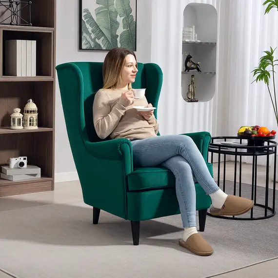 Buy Modern Accent Chair, Upholstered Wingback Armchair with High Backrest and Pillow, Velvet-Feel Fabric Reading Chair with Solid Wood Legs for Living Room, Bedroom, Home Office, Dark Green, 2 image