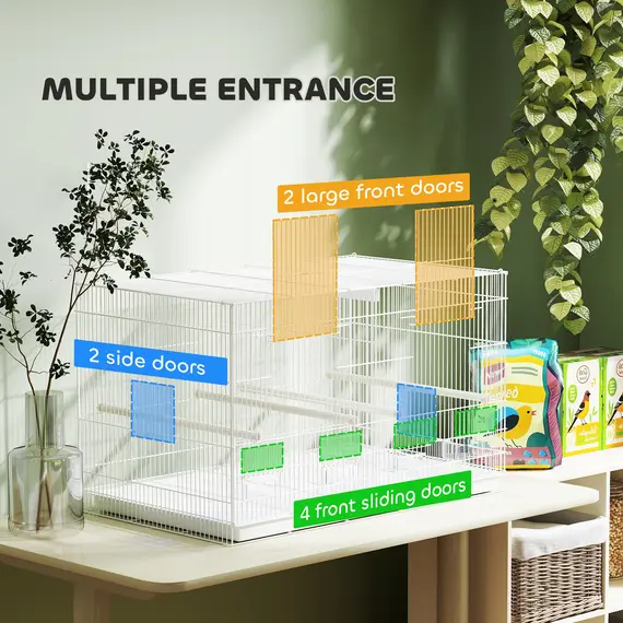 Buy Bird Cage with Divider, 4 Wooden Perches, Slide Out Tray, 4 Feeders, for Budgie, Lovebird, Canary, 76 x 46 x 46cm, White, 6 image