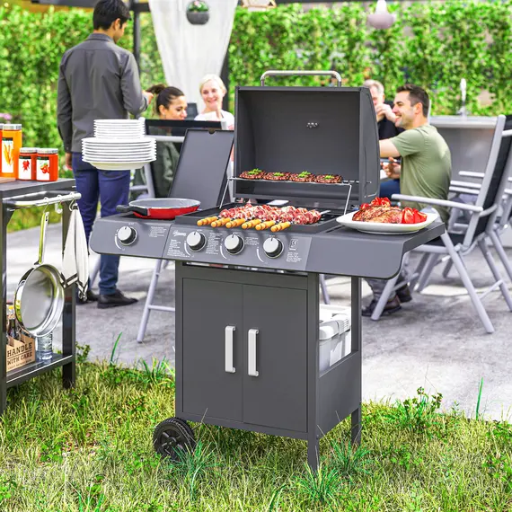 Buy Outsunny 3+1 Burner Gas BBQ Grill, Outdoor Barbecue Trolley with Wheels, Warming Rack, Side Shelves, Cabinet, Thermometer for Garden, Party, Camping, 110L x 50W x 100Hcm, Grey, 2 image