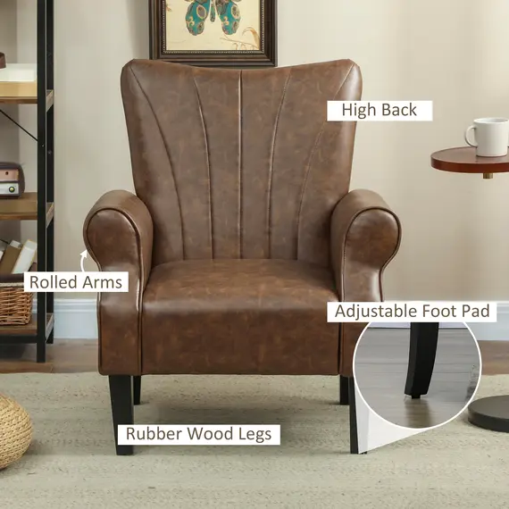 Buy Upholstered Accent Chair with Rolled Arms and Wood Legs, Armchair for Living Room Bedroom, Brown, 5 image