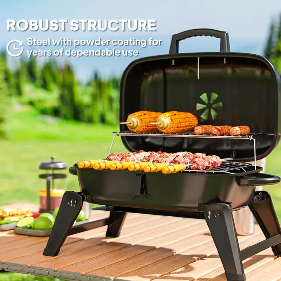 Buy Charcoal Barbecue Grill Folding Portable BBQ Grill for Camping with 1232 cm² Cooking Area, Adjustable Vent, Thermometer, Handles for Picnic, 59 x 37 x 36 cm, Black, 8 image
