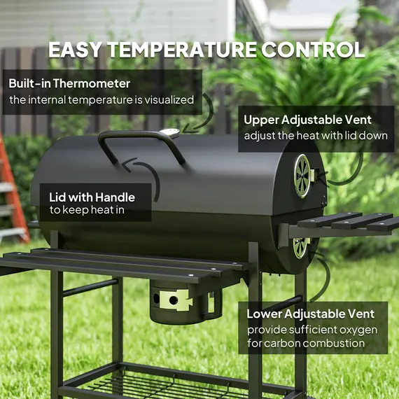 Buy Charcoal BBQ Grill with Foldable Front Side Shelf, Portable Barbecue Smoker with Warming Rack, Bottom Shelf, Lid, Temperature Gauge, Wheels for Outdoor Cooking Garden Party, Black, 5 image