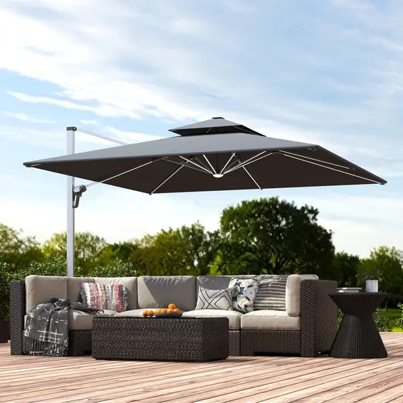 Buy Outsunny 3(m) Garden Cantilever Parasol with Solar LED Lights, Cross Base, 360° Rotation, Crank Handle and Tilt, Grey, 9 image