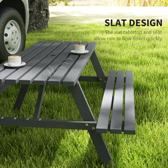 Buy Outsunny 6 Seater Wooden Picnic Table Bench for Outdoor Garden or Patio with Parasol Cutout 150 cm Grey, 6 image