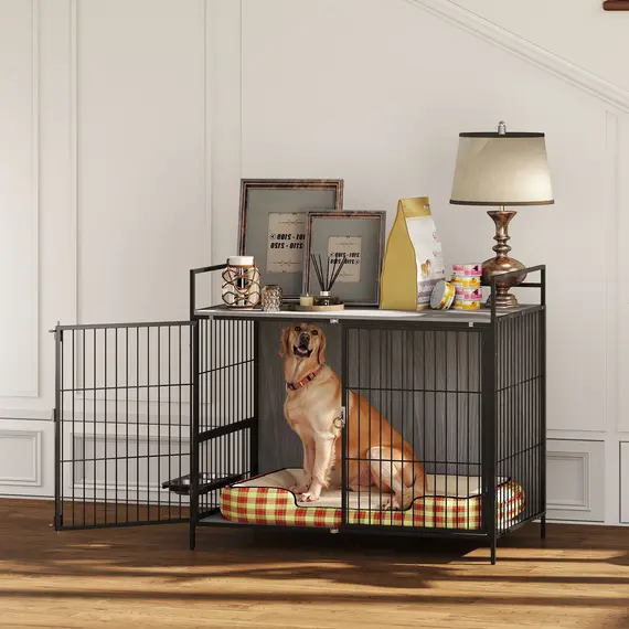 Buy Large Dog Crate Furniture with Rotating Bowl Holder, 2 Bowls, 2 Doors, for Large Dogs, 100 x 60 x 88 cm, Grey, 8 image