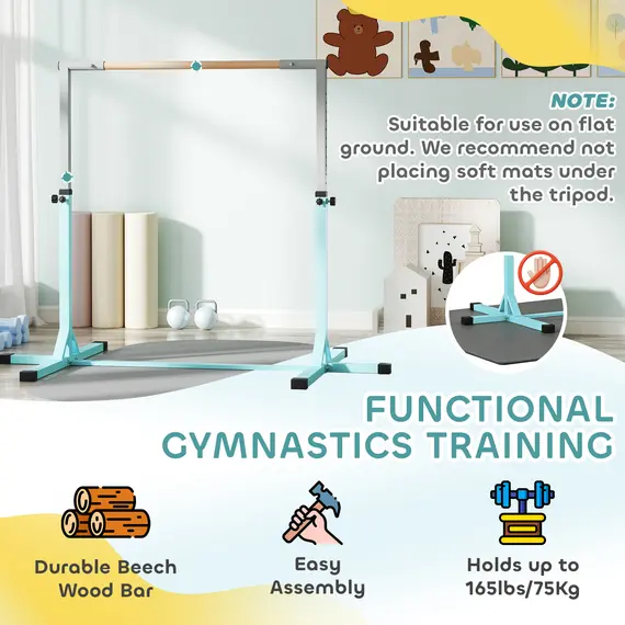 Buy HOMCOM Height Adjustable Gymnastics Horizontal Bar for Kids, Children Junior Kip High Bar Fitness, Light Blue, 5 image