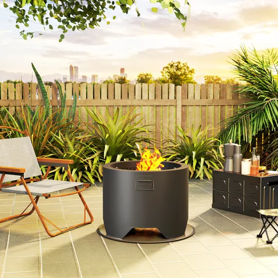 Buy Outdoor Round Fire Pit with Lid and Fire Poker - Black, 7 image