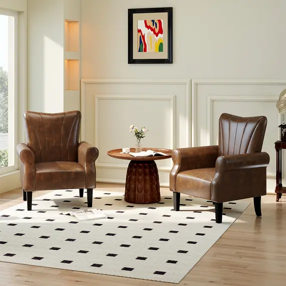 Buy Upholstered Accent Chair with Rolled Arms and Wood Legs, Armchair for Living Room Bedroom, Brown, 8 image