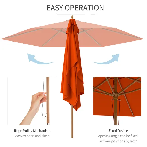 Buy Outsunny 2.5m Wood Garden Parasol Sun Shade Patio Outdoor Wooden Umbrella Canopy, Table Market Umbrella with Vent, 38mm Pole, Rope Pulley Mechanism, Orange, 5 image