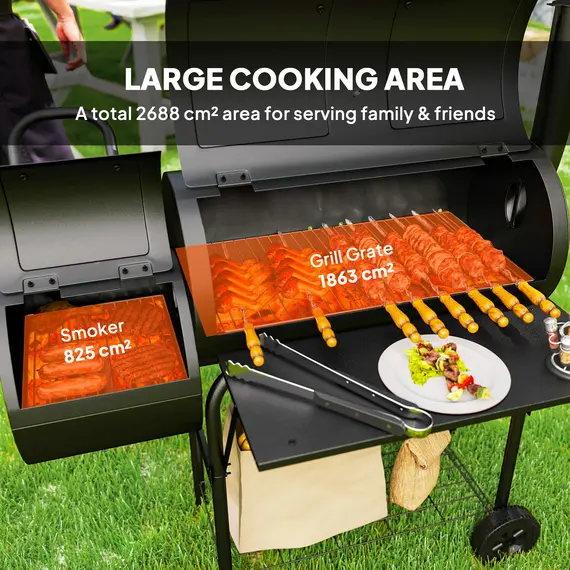 Buy Barbecue Grill Portable Outdoor Charcoal BBQ Grill with Offset Smoker 109 x 60 x 120 cm Black, 5 image