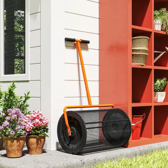 Buy Compost Spreader, 24" Peat Moss Spreader with Height Adjustable T Shaped Handle and Metal Mesh Basket, Garden Spreader for Seeding, Spreading Manure, Orange, 8 image