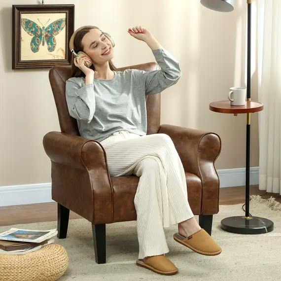 Buy Upholstered Accent Chair with Rolled Arms and Wood Legs, Armchair for Living Room Bedroom, Brown, 2 image