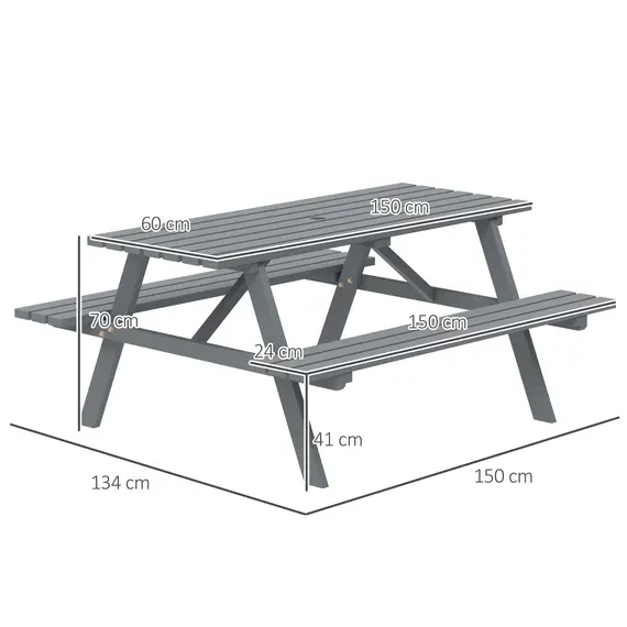 Buy Outsunny 6 Seater Wooden Picnic Table Bench for Outdoor Garden or Patio with Parasol Cutout 150 cm Grey, 3 image