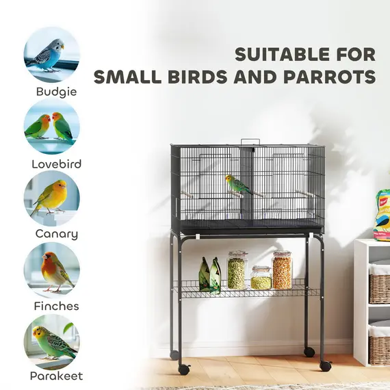 Buy Bird Cage with Divider, 4 Wooden Perches, Slide Out Tray, 4 Feeders, for Budgie, Lovebird, Canary, 76 x 46 x 116cm Black, 9 image