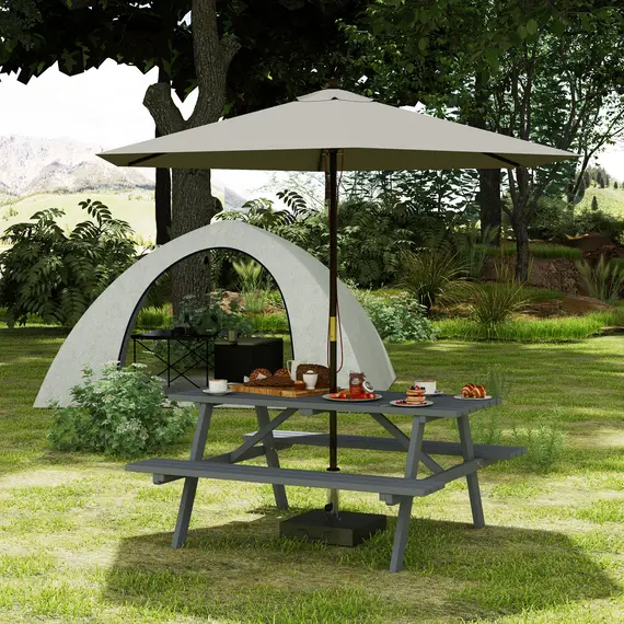 Buy Outsunny 6 Seater Wooden Picnic Table Bench for Outdoor Garden or Patio with Parasol Cutout 150 cm Grey, 2 image