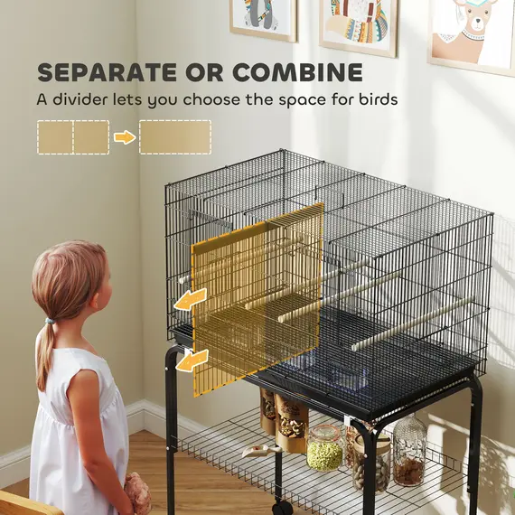 Buy Bird Cage with Divider, 4 Wooden Perches, Slide Out Tray, 4 Feeders, for Budgie, Lovebird, Canary, 76 x 46 x 116cm Black, 4 image