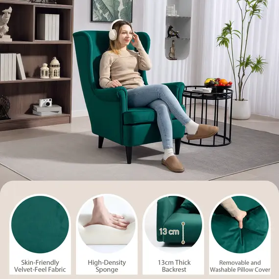 Buy Modern Accent Chair, Upholstered Wingback Armchair with High Backrest and Pillow, Velvet-Feel Fabric Reading Chair with Solid Wood Legs for Living Room, Bedroom, Home Office, Dark Green, 4 image