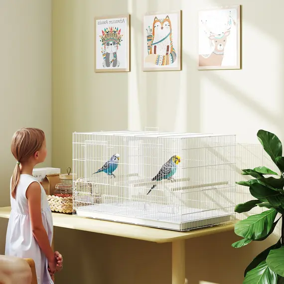 Buy Bird Cage with Divider, 4 Wooden Perches, Slide Out Tray, 4 Feeders, for Budgie, Lovebird, Canary, 76 x 46 x 46cm, White, 2 image