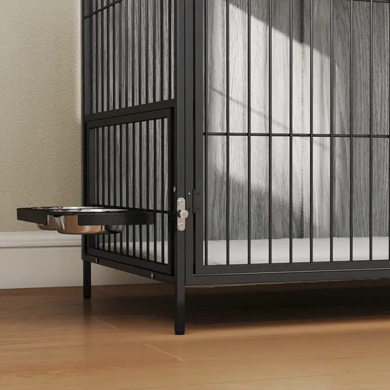 Buy Large Dog Crate Furniture with Rotating Bowl Holder, 2 Bowls, 2 Doors, for Large Dogs, 100 x 60 x 88 cm, Grey, 9 image