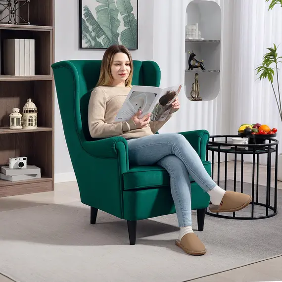 Buy Modern Accent Chair, Upholstered Wingback Armchair with High Backrest and Pillow, Velvet-Feel Fabric Reading Chair with Solid Wood Legs for Living Room, Bedroom, Home Office, Dark Green, 8 image