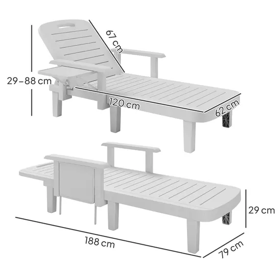 Buy Outsunny Set of 2 Resin Reclining Sun Loungers for Garden, 5 Positions Adjustable Outdoor Chaise Lounge Chairs with Wood Texture Surface, Armrests, Foldable Side Table for Garden, Beach, White, 3 image