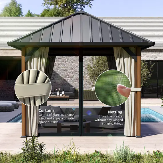 Buy Outsunny 3 x 3(m) Hardtop Gazebo with Galvanised Steel Roof and Water Gutter, Waterproof Permanent Pavilion Garden Gazebo with Netting and Curtains for Patio, Deck, Walnut Wood Finish, 7 image