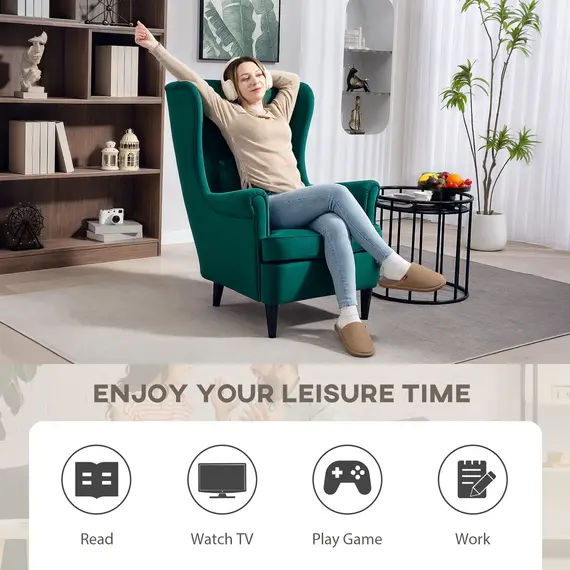 Buy Modern Accent Chair, Upholstered Wingback Armchair with High Backrest and Pillow, Velvet-Feel Fabric Reading Chair with Solid Wood Legs for Living Room, Bedroom, Home Office, Dark Green, 6 image