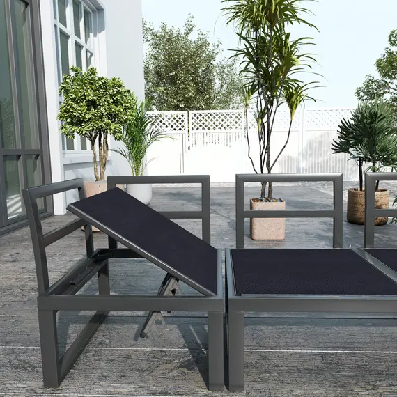 Buy 4 Pieces Garden Furniture Set, 5-Level Reclining Garden Corner Sofa Set, Outdoor Lounge Conversation Sectional with Cushions, Wood Effect Plastic Table, Black Frame & Light Grey Cushion, 8 image