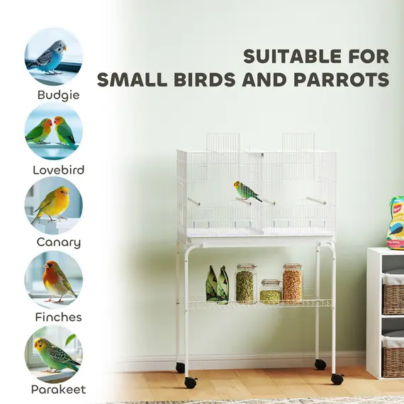 Buy Bird Cage with Divider, 4 Wooden Perches, Slide Out Tray, 4 Feeders, for Budgie, Lovebird, Canary, 76 x 46 x 116cm White, 8 image