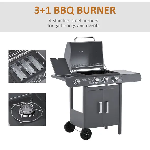 Buy Outsunny 3+1 Burner Gas BBQ Grill, Outdoor Barbecue Trolley with Wheels, Warming Rack, Side Shelves, Cabinet, Thermometer for Garden, Party, Camping, 110L x 50W x 100Hcm, Grey, 5 image