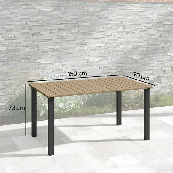 Buy Outsunny Garden Dining Table for 6 with Parasol Hole, Rectangle Outdoor Garden Table with Slatted Metal Top, Steel Frame, Brown, 3 image