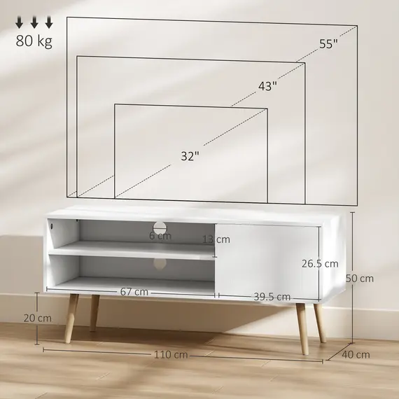 Buy TV Stand up to 55 Inches, TV Unit with Open Shelves and Cable Holes - White, 3 image