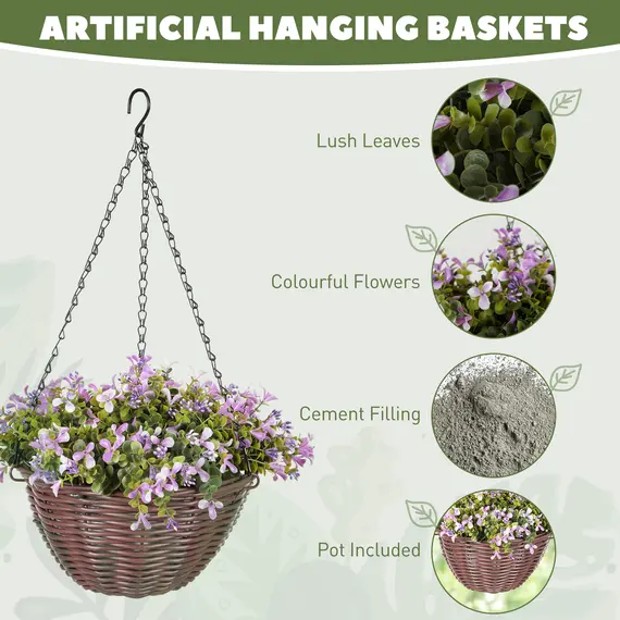 Buy Artificial Flowers in Basket Set of 2, Artificial Hanging Baskets with 75 Leaves and 15 Flowers in Pot, Decorative Plant for Home Office Decor, Purple, 4 image