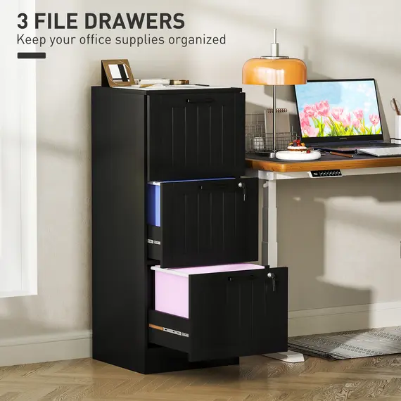 Buy 3 Drawer Filing Cabinet with Lock, Office Storage Cabinet with Adjustable Hanging Bars for A4 Letter Size Files, Black, 3 image