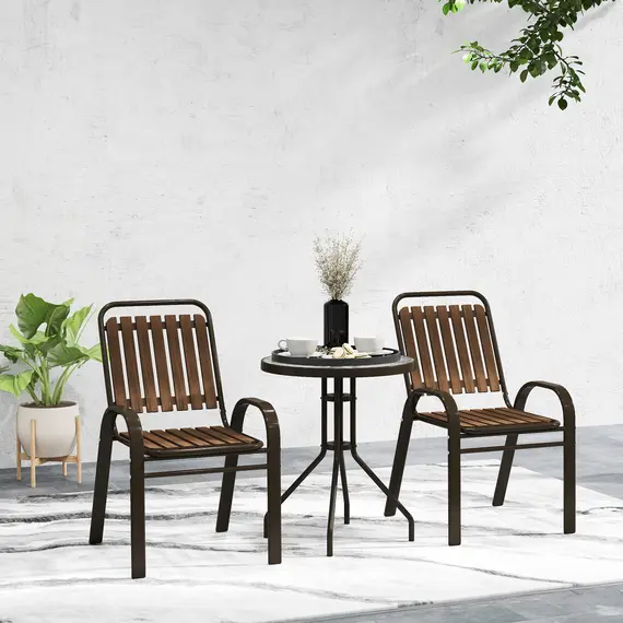 Buy 3 Pieces Patio Bistro Set with Stackable Chairs, Tempered Glass Table, for Outdoor, Balcony, Patio, Garden, Dark Brown, 8 image