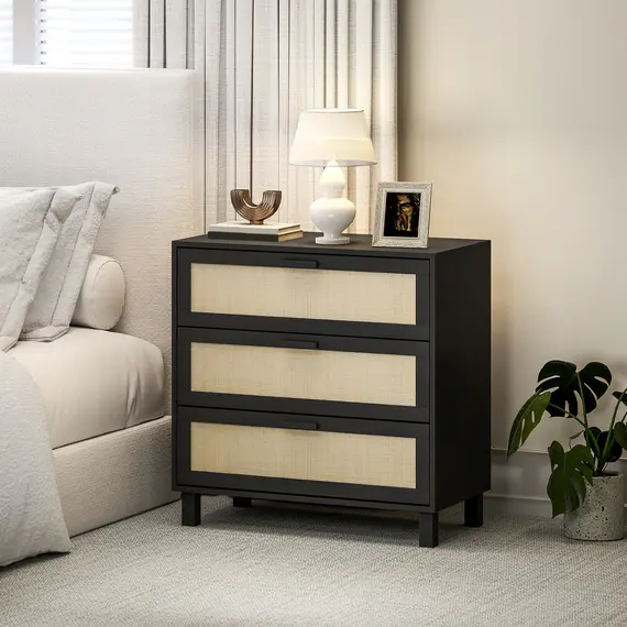 Buy Rattan Bedroom Chest of Drawers, 3 Drawers Storage Unit, Boho Dresser for Living Room, Hallway, Black, 2 image