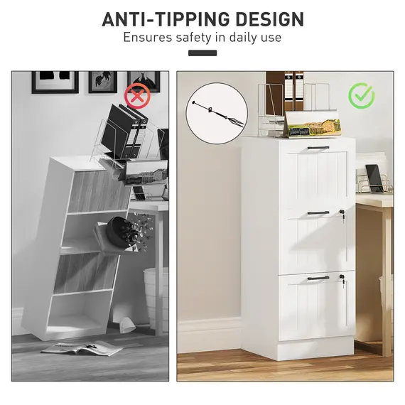 Buy 3 Drawer Filing Cabinet with Lock, Office Storage Cabinet with Adjustable Hanging Bars for A4 Letter Size Files, White, 6 image