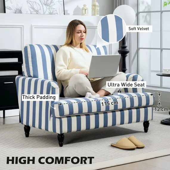 Buy Modern Cuddle Chair, Velvet Single Sofa Armchair with Stripe, Turned Legs and Wide Seat, Upholstered Snuggle Chair for Living Room, Bedroom, Blue and White, 5 image