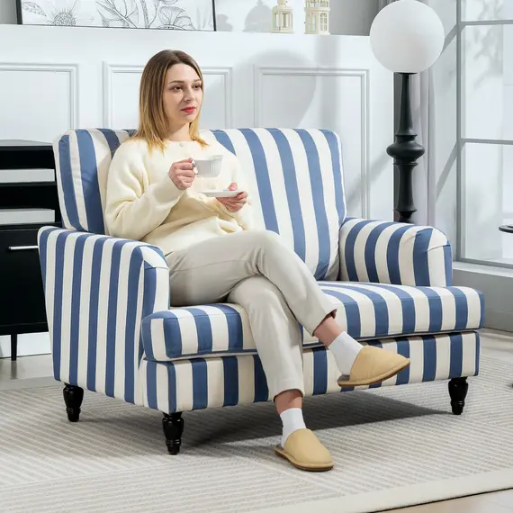 Buy Modern Cuddle Chair, Velvet Single Sofa Armchair with Stripe, Turned Legs and Wide Seat, Upholstered Snuggle Chair for Living Room, Bedroom, Blue and White, 2 image