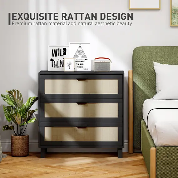 Buy Rattan Bedroom Chest of Drawers, 3 Drawers Storage Unit, Boho Dresser for Living Room, Hallway, Black, 4 image