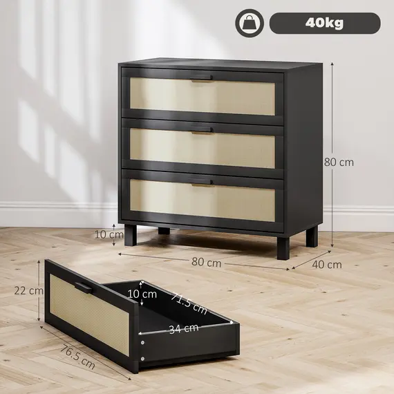 Buy Rattan Bedroom Chest of Drawers, 3 Drawers Storage Unit, Boho Dresser for Living Room, Hallway, Black, 3 image