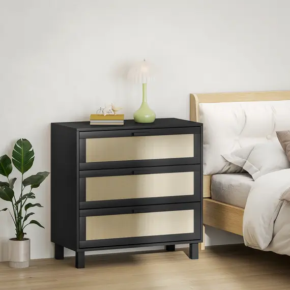 Buy Rattan Bedroom Chest of Drawers, 3 Drawers Storage Unit, Boho Dresser for Living Room, Hallway, Black, 7 image