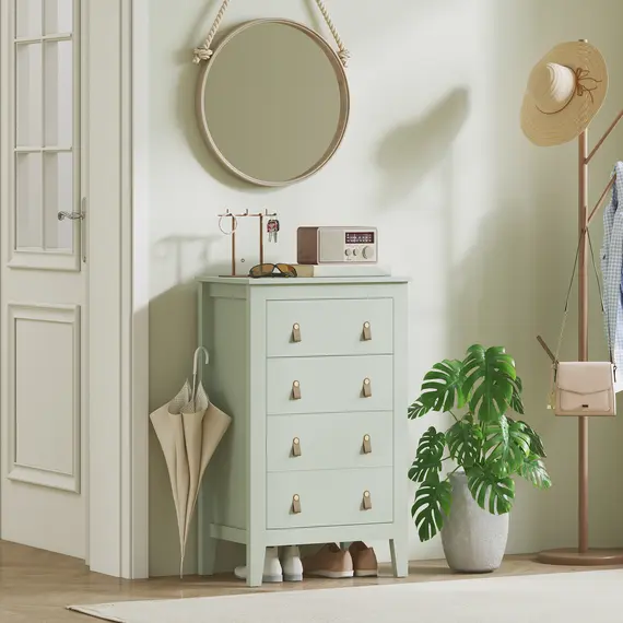 Buy Bedroom Chest of Drawers, Modern 4 Drawer Dresser Cabinet with PU Leather Handles and Metal Runners for Living Room, Hallway, Entryway, 60 x 40 x 98 cm, Green, 9 image