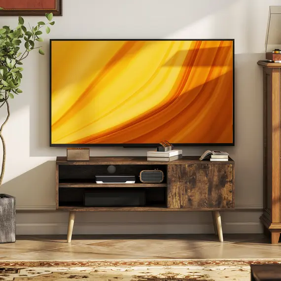 Buy TV Stand up to 55 Inches, TV Unit with Open Shelves and Cable Holes - Brown, 7 image