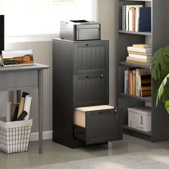 Buy 3 Drawer Filing Cabinet with Lock, Office Storage Cabinet with Adjustable Hanging Bars for A4 Letter Size Files, Black, 2 image