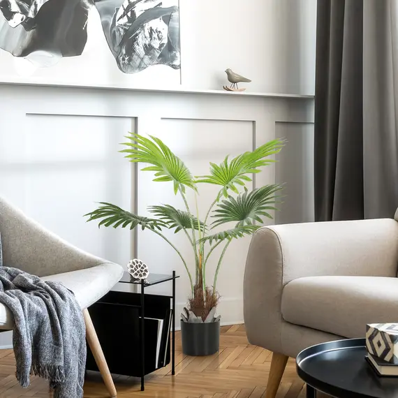 Buy 94cm Artificial Palm Tree, Decorative Artificial Plant with Lifelike PEVA Leaves and Coconut Coir, Fake Tree with Plastic Pot and Flocking for Home Office Decor, Green, 8 image