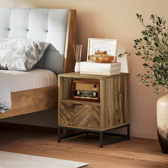 Buy Bedside Table with Drawer and Shelf, Side End Table with Steel Legs for Living Room, Bedroom, Brown Wood Effect, 7 image
